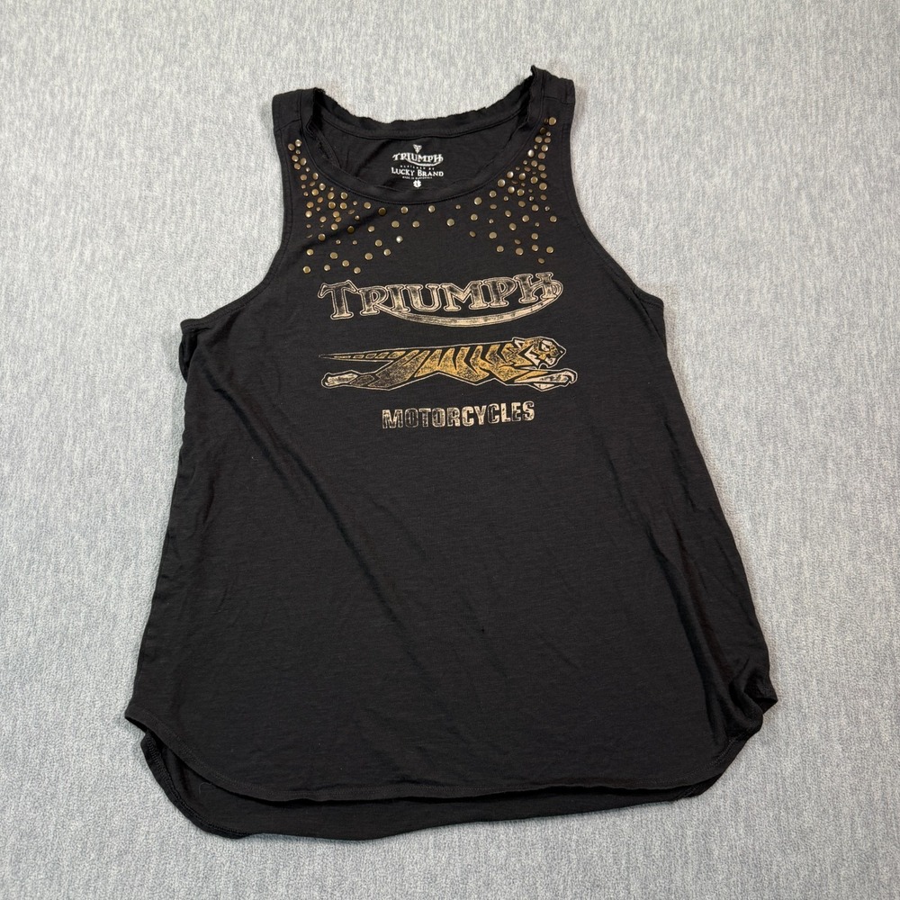 Lucky Brand Tank Top Women L Black Triumph Motorcycles Studded Graphic Biker Tee